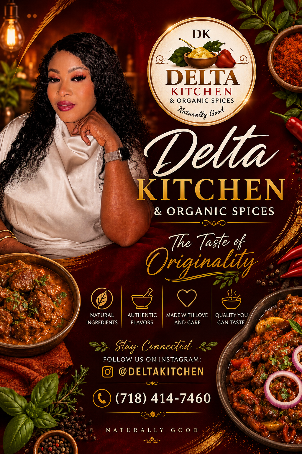 Delta Kitchen & Organic Spices flyer — The Taste of Originality, naturally good, follow @deltakitchen on Instagram, call (718) 414-7460